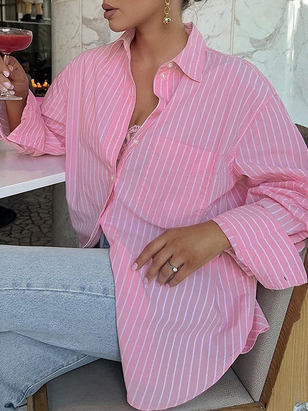 Buttoned Contrast Color Pockets Striped Long Sleeves Loose Lapel Blouses&Shirts Tops