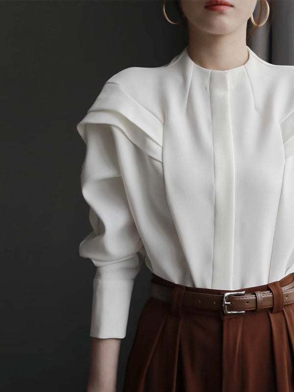 Pleated Solid Color Split-Joint Batwing Sleeves Loose Round-Neck Blouses