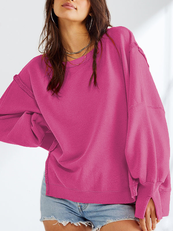 Fringed Solid Color Split-Joint Split-Side Long Sleeves Loose Round-Neck Sweatershirt