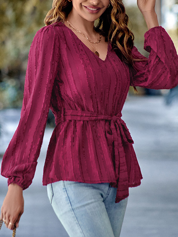 Elasticity Solid Color Tied Waist Long Sleeves Loose V-Neck T-Shirts Tops