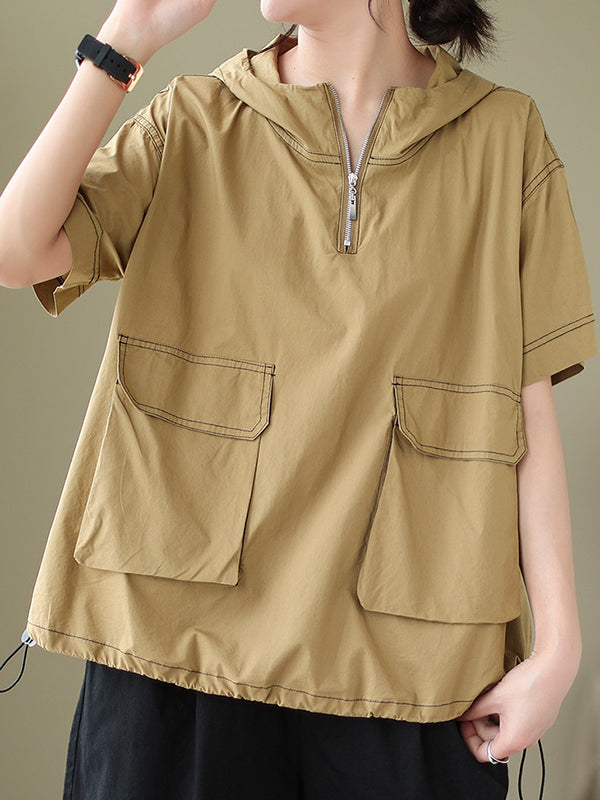 Zipper Loose Short Sleeves Hooded T-Shirts Tops