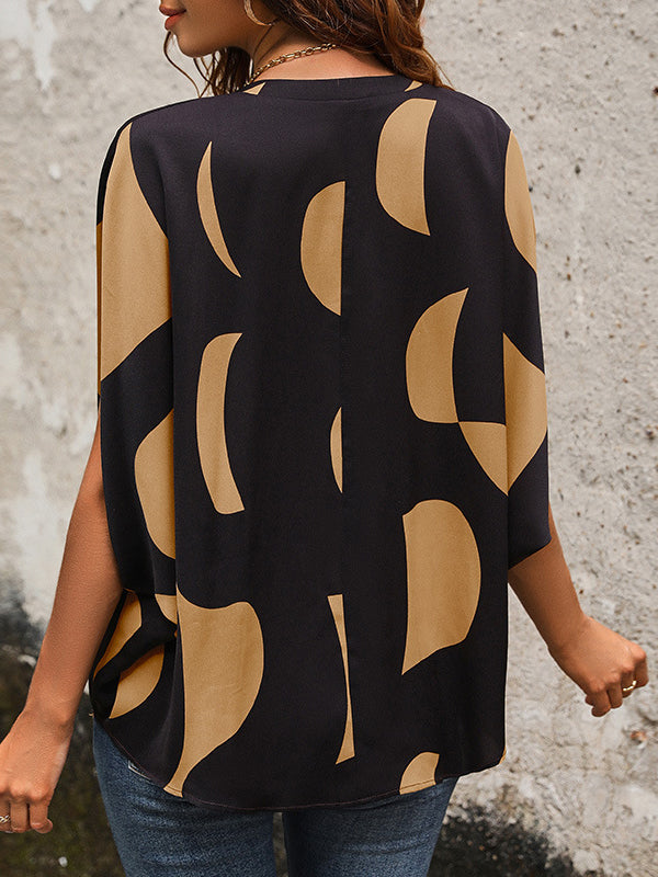 Printed Split-Joint Batwing Sleeves Loose V-Neck Blouses&Shirts Tops