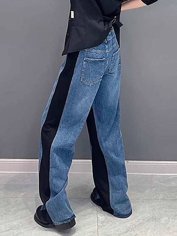 Buttoned Contrast Color Drawstring Elasticity Split-Joint Loose Straight Leg Trousers Pants