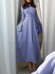 Pleated Solid Color A-Line Flared Sleeves Round-Neck Midi Dresses