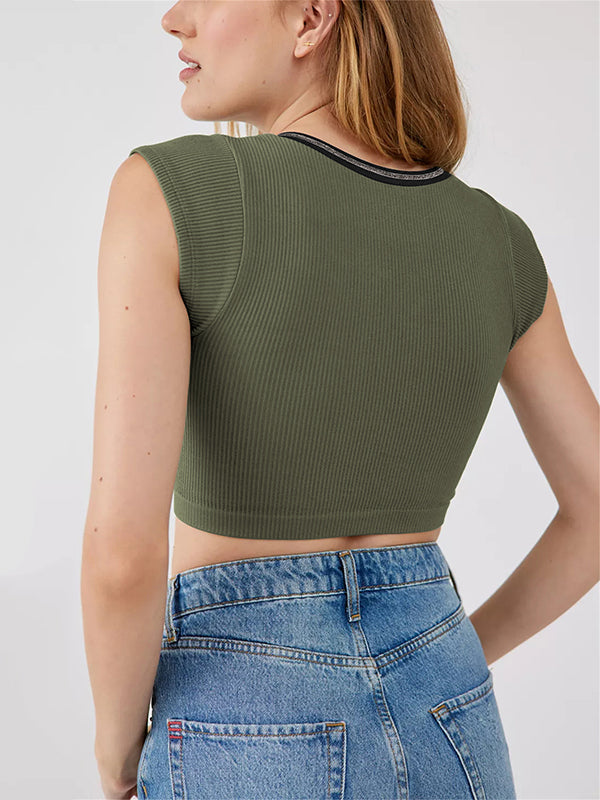 Split-Joint Cap Sleeve Skinny Deep V-Neck Vest Top