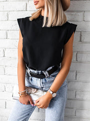 Hollow Solid Color Cap Sleeve Loose Mock Neck T-Shirts Tops
