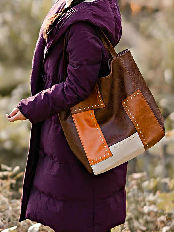 Contrast Color Rivet Split-Joint Handbags Bags