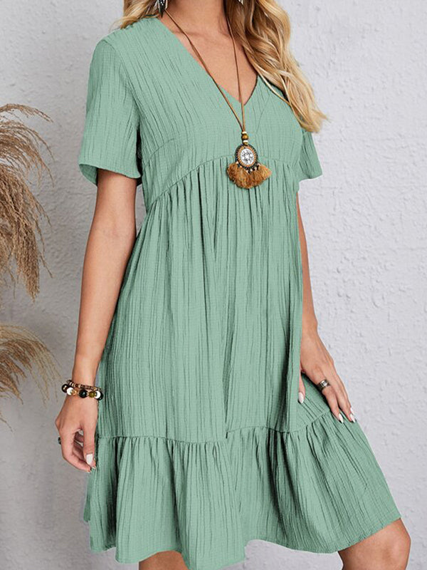 Pleated Solid Color Split-Joint A-line Loose V-neck Mini Dresses