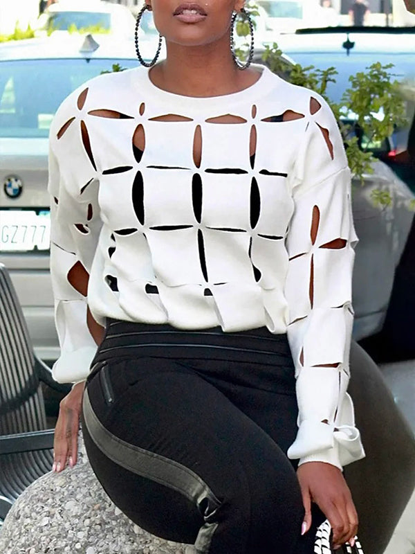 Hollow Solid Color Long Sleeves Loose Round-Neck T-Shirts Tops