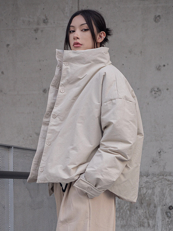 Urban Long Sleeves Buttoned Asymmetric Solid Color Stand Collar Padded Coat