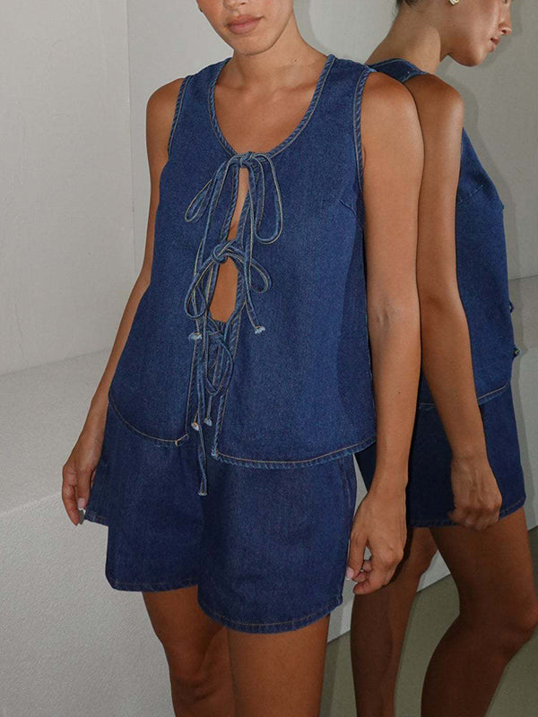 Lace-Up Split-Joint Loose Sleeveless Round-neck Vest Top