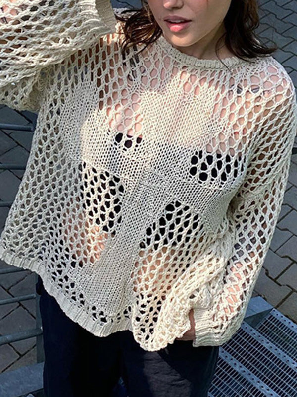 Hollow Solid Color Long Sleeves Loose Round-Neck Sweater Tops Pullovers Knitwear