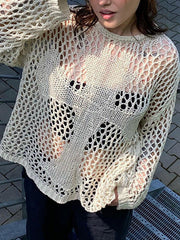 Hollow Solid Color Long Sleeves Loose Round-Neck Sweater Tops Pullovers Knitwear