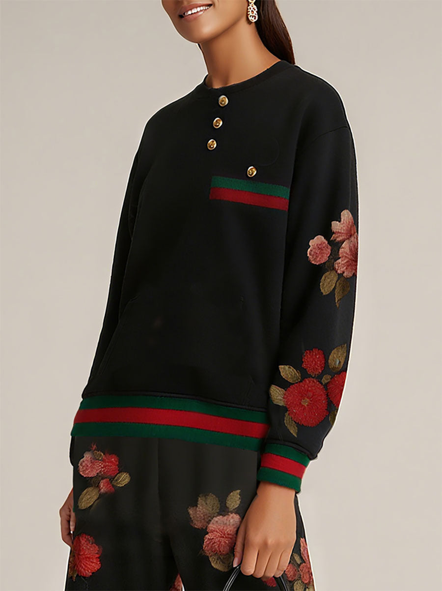 Buttoned Contrast Color Flower Print Split-Joint Long Sleeves Round-Neck Sweatshirt Tops