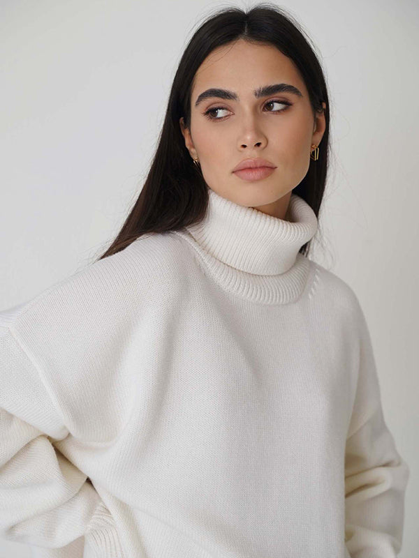 Casual Long Sleeves Loose Solid Color High-Neck Sweater Tops