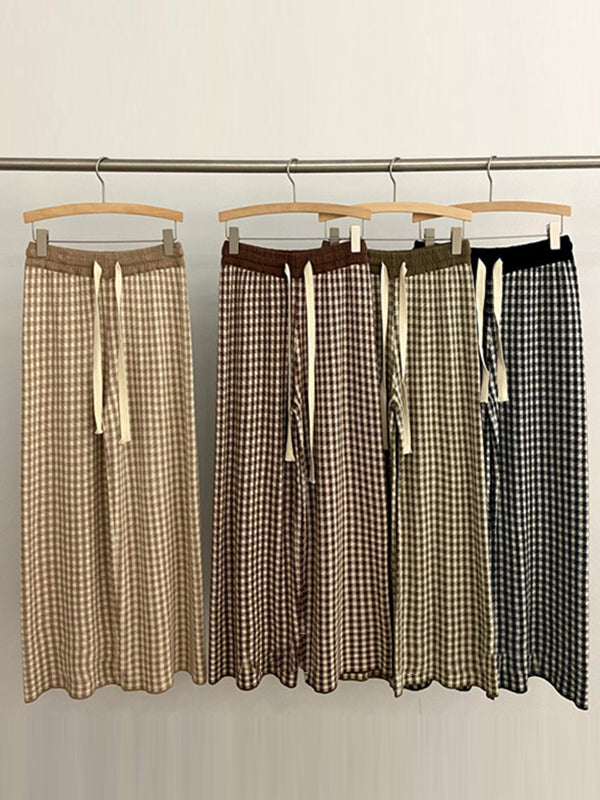 Drawstring Elasticity Plaid High Waisted Loose Trousers Pants