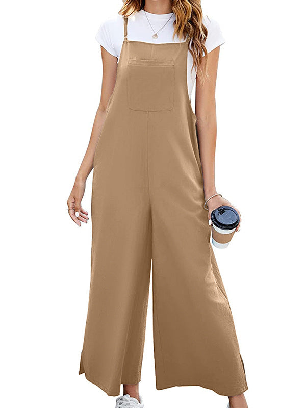 Pockets Solid Color Split-Side Loose Ninth Pants Spaghetti-Neck Overalls