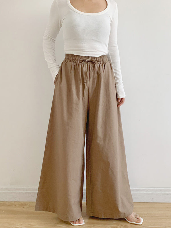 Drawstring Elasticity Pockets Solid Color High Waisted Loose Trousers Pants