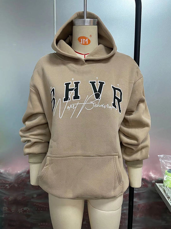 Keep Warm Letter Print Velvet Long Sleeves Loose Hooded Hoodies Tops