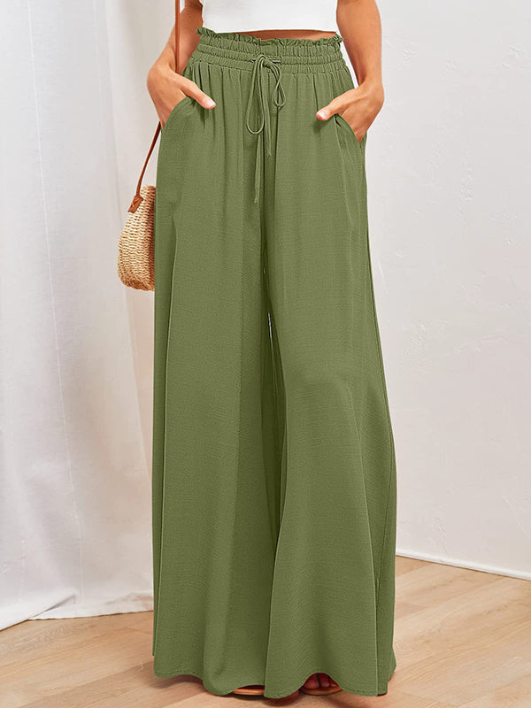 Drawstring Elasticity Pleated Pockets Solid Color High Waisted Loose Trousers Pants