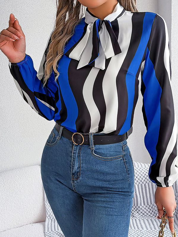 Contrast Color Elasticity Striped Tied Long Sleeves Loose Mock Neck Blouses&Shirts Tops