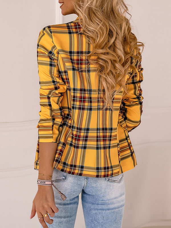 Buttoned Plaid Pockets Long Sleeves Loose Notched Collar Outerwear Blazer