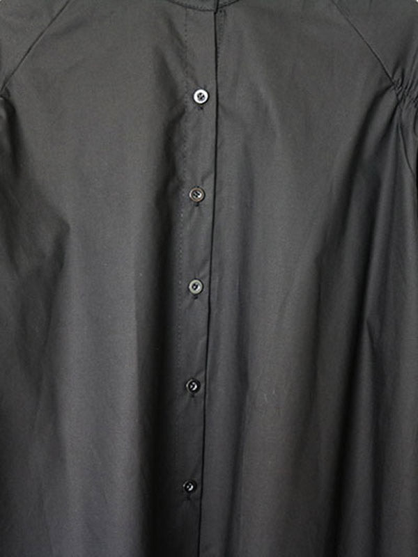 Elasticity Pleated Solid Color Split-Joint High-Low Long Sleeves Round-Neck Blouses