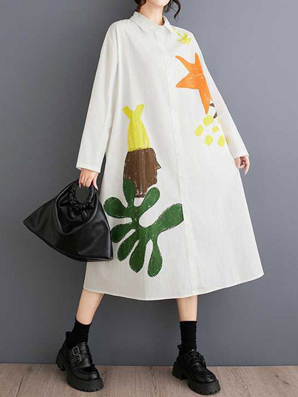 Buttoned Pockets Printed Split-Joint A-Line Long Sleeves Lapel Shirt Dress Midi Dresses