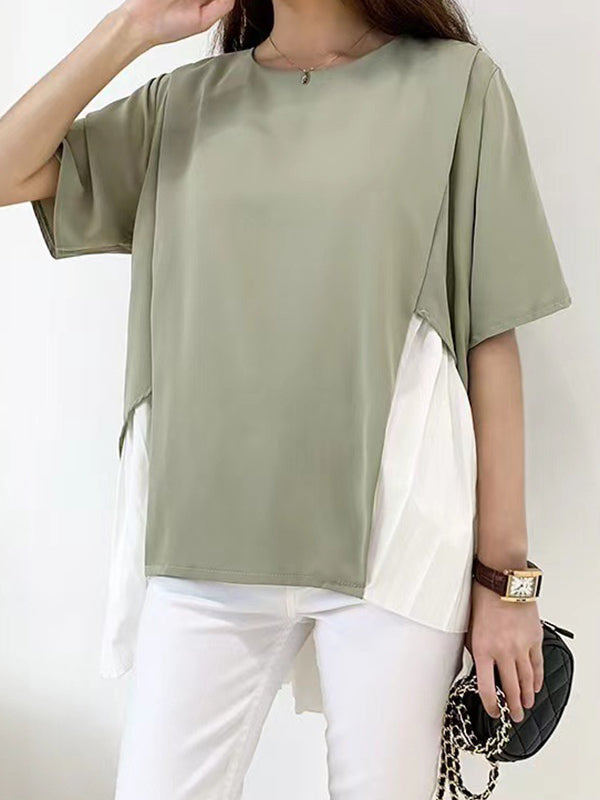 Pleated Split-Joint High-Low Loose Round-Neck T-Shirts Tops