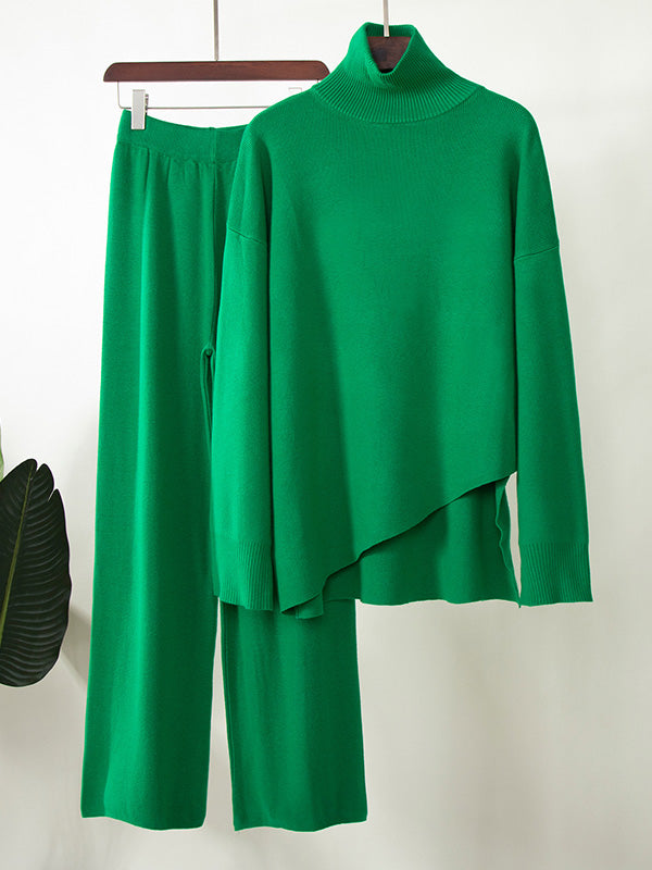 Casual Solid Color Irregularity High-Neck Sweater& Wide Leg Pants Suits
