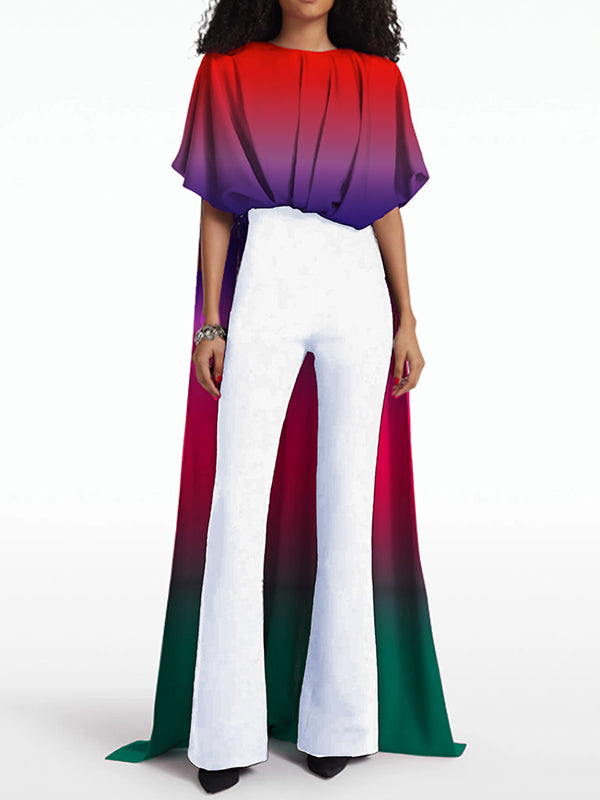 Contrast Color Gradient Half Sleeves High-low Round-neck T-Shirts Tops
