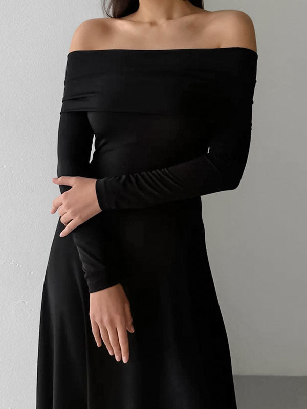 Solid Color High Waisted Long Sleeves Off-The-Shoulder Maxi Dresses