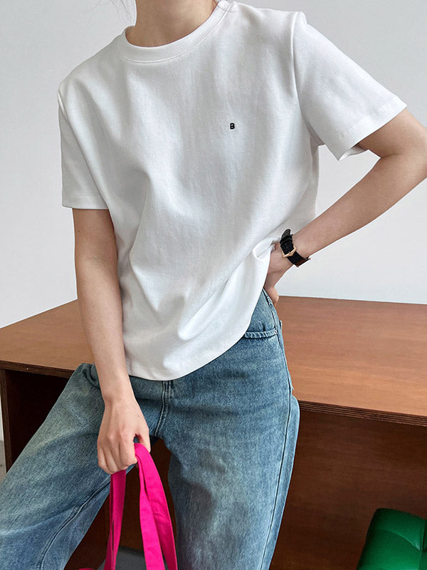 Embroidered Loose Short Sleeves Round-Neck T-Shirts Tops