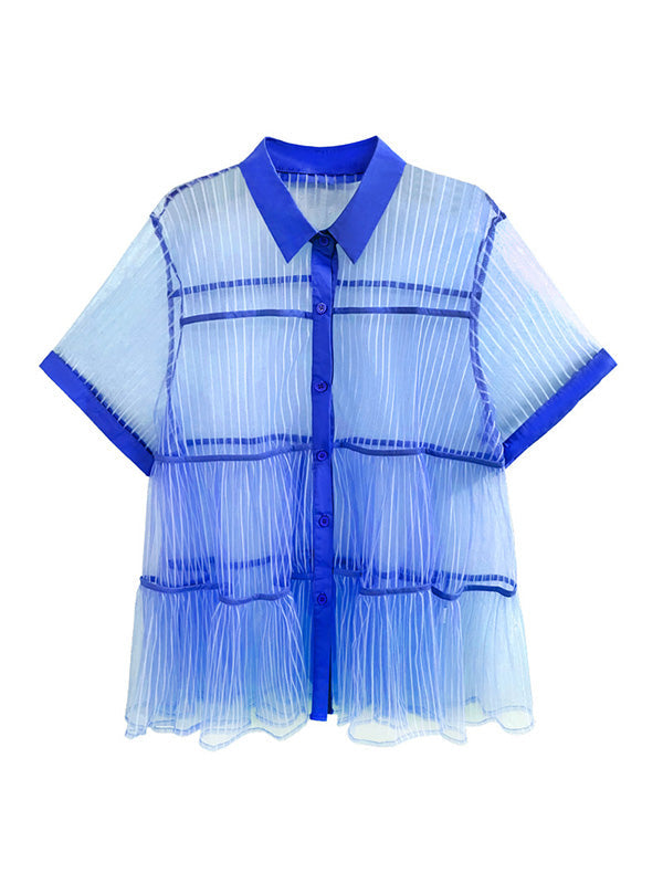 Original Short Sleeves Loose Buttoned Mesh Pleated Solid Color Blouses&Shirts Tops