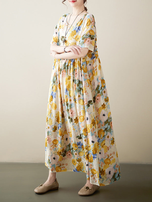 Floral Printed A-line Loose Round-neck Midi Dresses