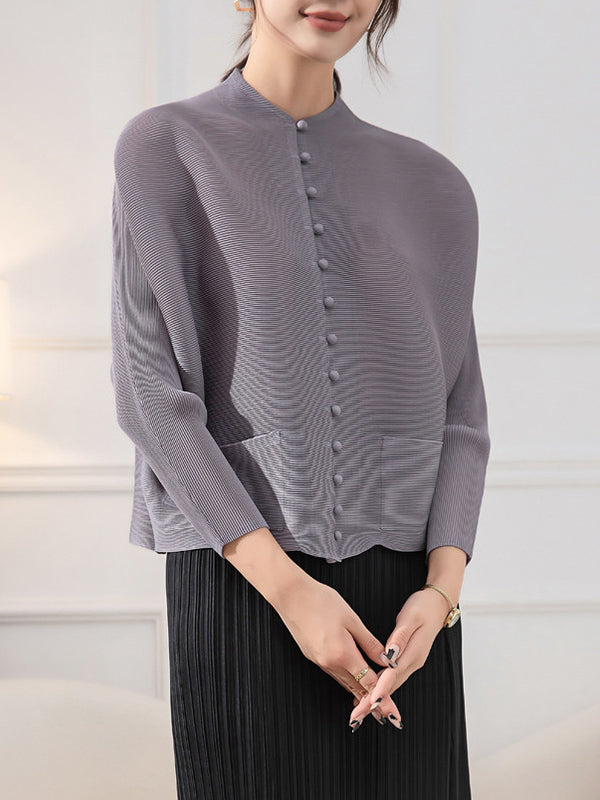 Buttoned Pleated Pockets Solid Color Long Sleeves Loose Round-Neck Outerwear