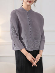 Buttoned Pleated Pockets Solid Color Long Sleeves Loose Round-Neck Outerwear