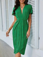 Pleated Solid Color Split-Joint Loose Raglan Sleeve V-neck Midi Dresses