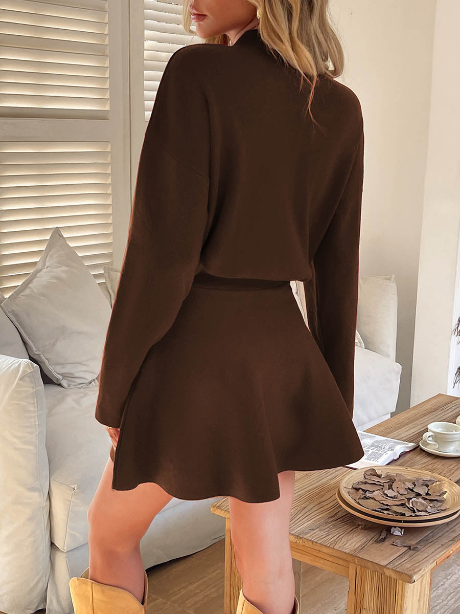 Elasticity Solid Color A-line High Waisted Round-neck Sweater Dresses Mini Dresses