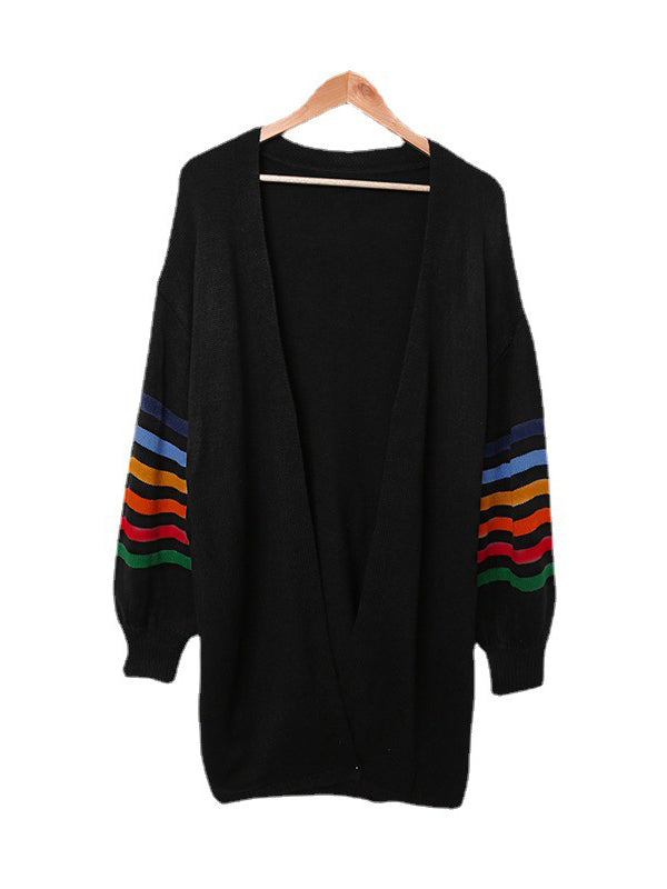 Colorful Contrast Color Striped Long Sleeves Loose Collarless Cardigan Tops