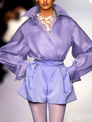 Solid Color Split-Joint Tiered Long Sleeves Loose Lapel Blouses&Shirts Tops