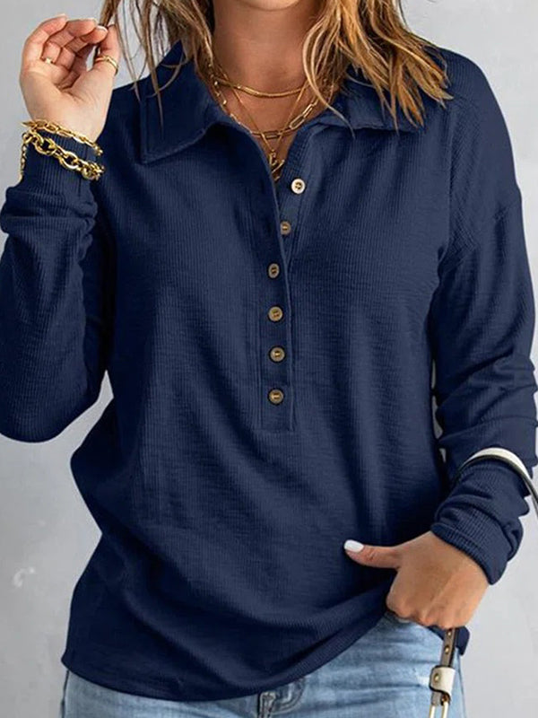 Buttoned Solid Color Split-Joint Long Sleeves Loose Lapel T-Shirts Tops