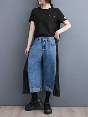 Elasticity Pleated Split-Joint High Waisted Loose Jean Pants Bottoms