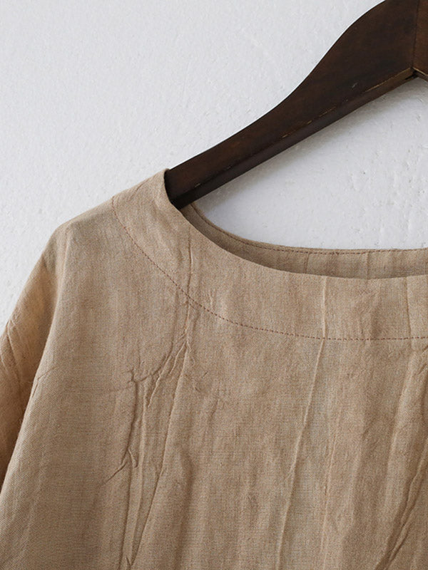 Vintage Linen Loose Split-Joint Round-Neck Batwing Sleeves T-Shirt+Elasticity Wide Leg Pants 2 Pieces Set