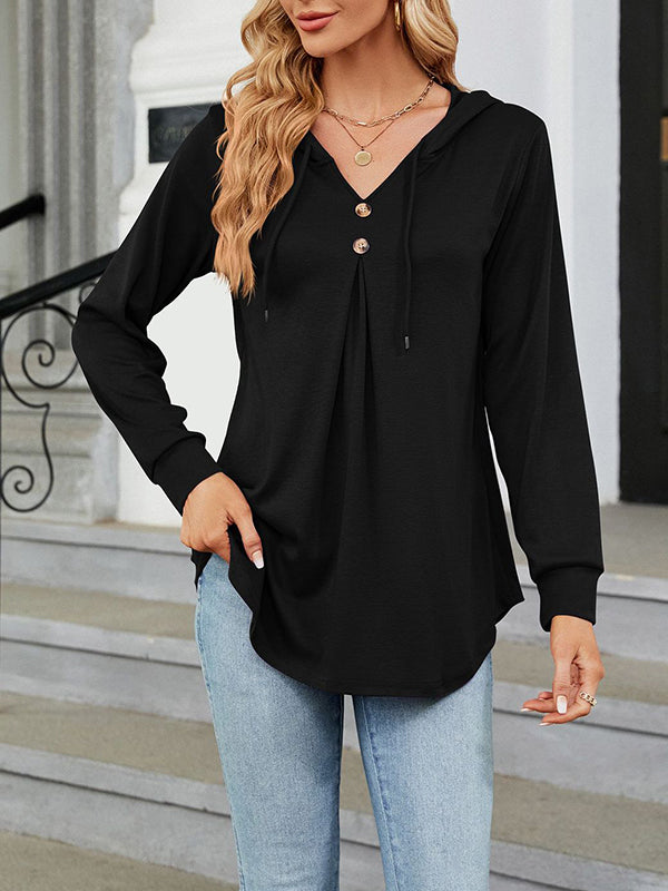 Buttoned Drawstring Hooded Solid Color Long Sleeves Loose V-Neck T-Shirts Tops