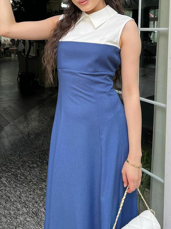 Pleated Split-Joint A-Line Loose Lapel Maxi Dresses