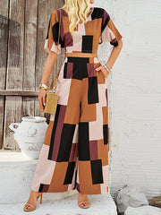 V-Neck Half Sleeves Backless Contrast Color Tied  T-shirt Top + Pockets High Waisted Pants Bottom Two Pieces Set