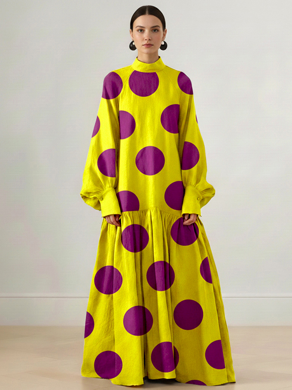 Long Sleeves Loose Big Hemline Contrast Color Pleated Polka Dot Split-Joint Half Turtleneck Maxi Dresses