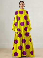 Long Sleeves Loose Big Hemline Contrast Color Pleated Polka Dot Split-Joint Half Turtleneck Maxi Dresses