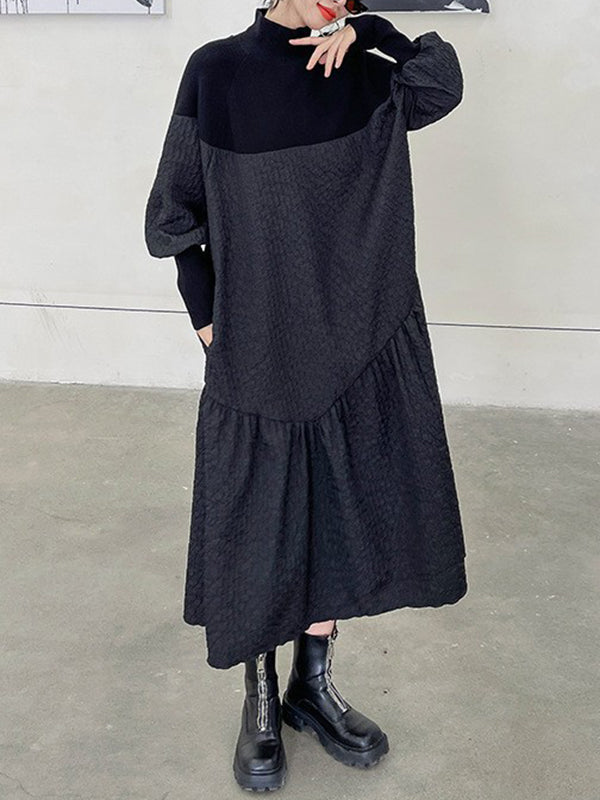 Asymmetric Solid Color Split-Joint A-Line Long Sleeves High-Neck Sweater Dresses Midi Dresses